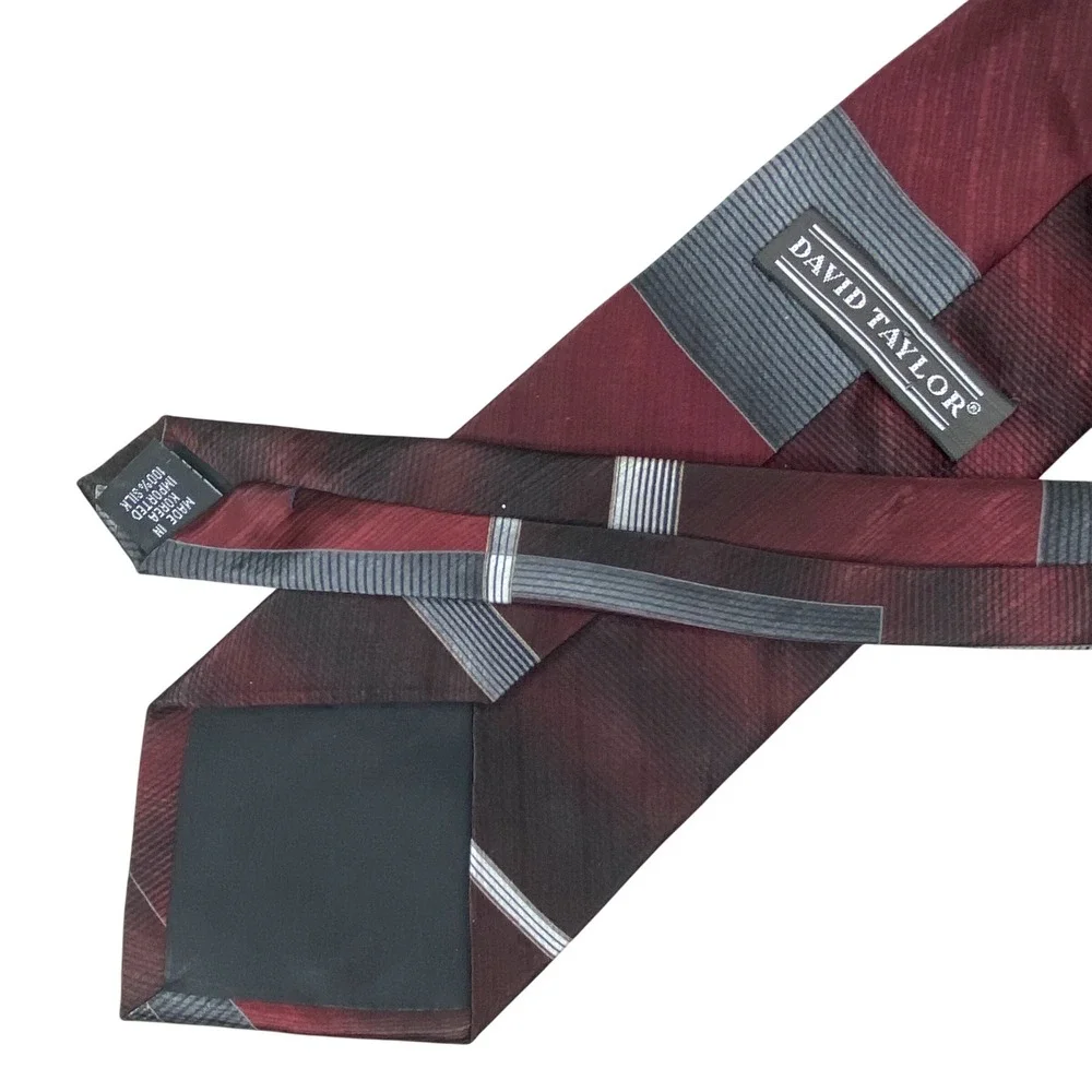 David Taylor Geometric Silk Tie Mens Burgundy Grey Artsy Classic Art‎ Deco 58x4